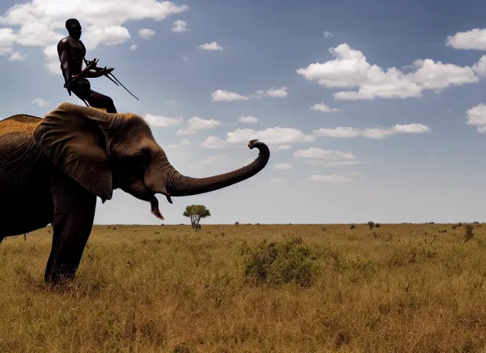 Prompt: film still, extreme wide shot of an tribal african man riding an elephant alone on the savannah, extreme long shot, 4 k, award winning