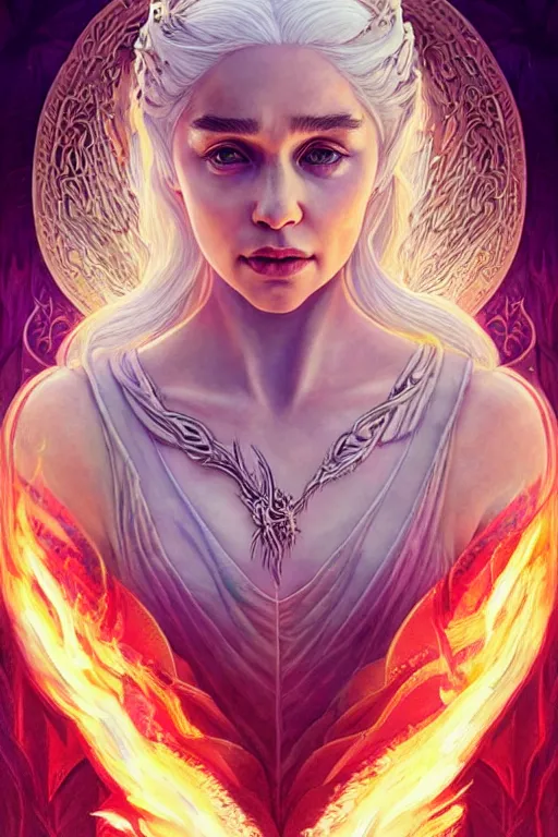 Image similar to beautiful, ethereal daenerys targaryen ( khaleesi ) portrait, art deco, fantasy, intricate art deco dragon designs, elegant, highly detailed fractals, fire background, sharp focus, game of thrones art by artgerm and beeple and greg rutkowski and wlop