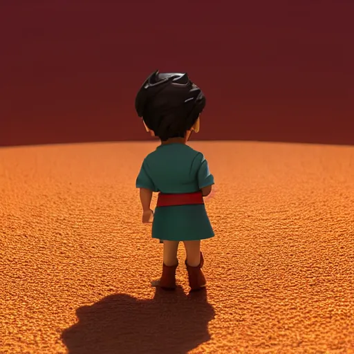 Image similar to profile view of young aladdin as nendoroid walking in a desert, disney, pixar, 8 k, hd, dof, kodak film, volumetric lighting, subsurface scattering, photorealistic, octane render, details