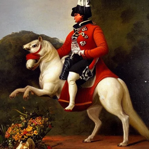 Image similar to a squirrel carrying napoleon bonaparte on its back, beach scene with flowers and foliage, detailed oil painting