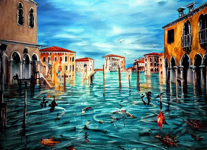 Prompt: painting of Venice completely flooded, underwater view, fishes, dystopian, dark feeling, ambience lighting