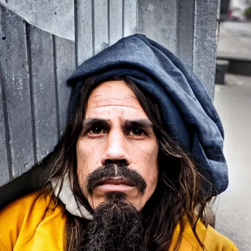 Prompt: anthony kiedis as a homeless hobo living under a bridge, street photography, 4 k, ultra realistic, highly detailed,