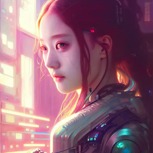 Image similar to painting of cyberpunk chuu loona kpop smiling cheerfully, ultra realistic, concept art, intricate details, eerie, highly detailed, photorealistic, octane render, 8 k, unreal engine. art by artgerm and greg rutkowski and magali villeneuve and alphonse mucha