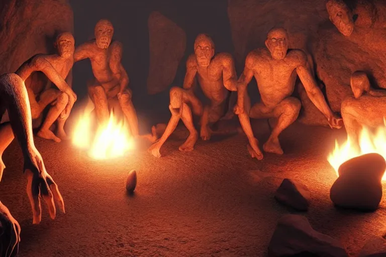 Image similar to still photo of ancient human ancestors discovering fire, highly detailed, photorealistic shot, bright studio setting, studio lighting, crisp quality and light reflections, unreal engine 5 quality render