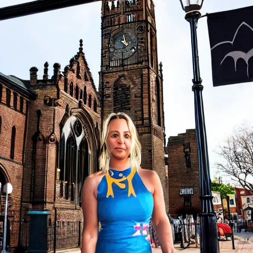 Image similar to A detailed photo of Kaley Cuoco under the Eastgate clock in Chester. Behind her we see a black panther