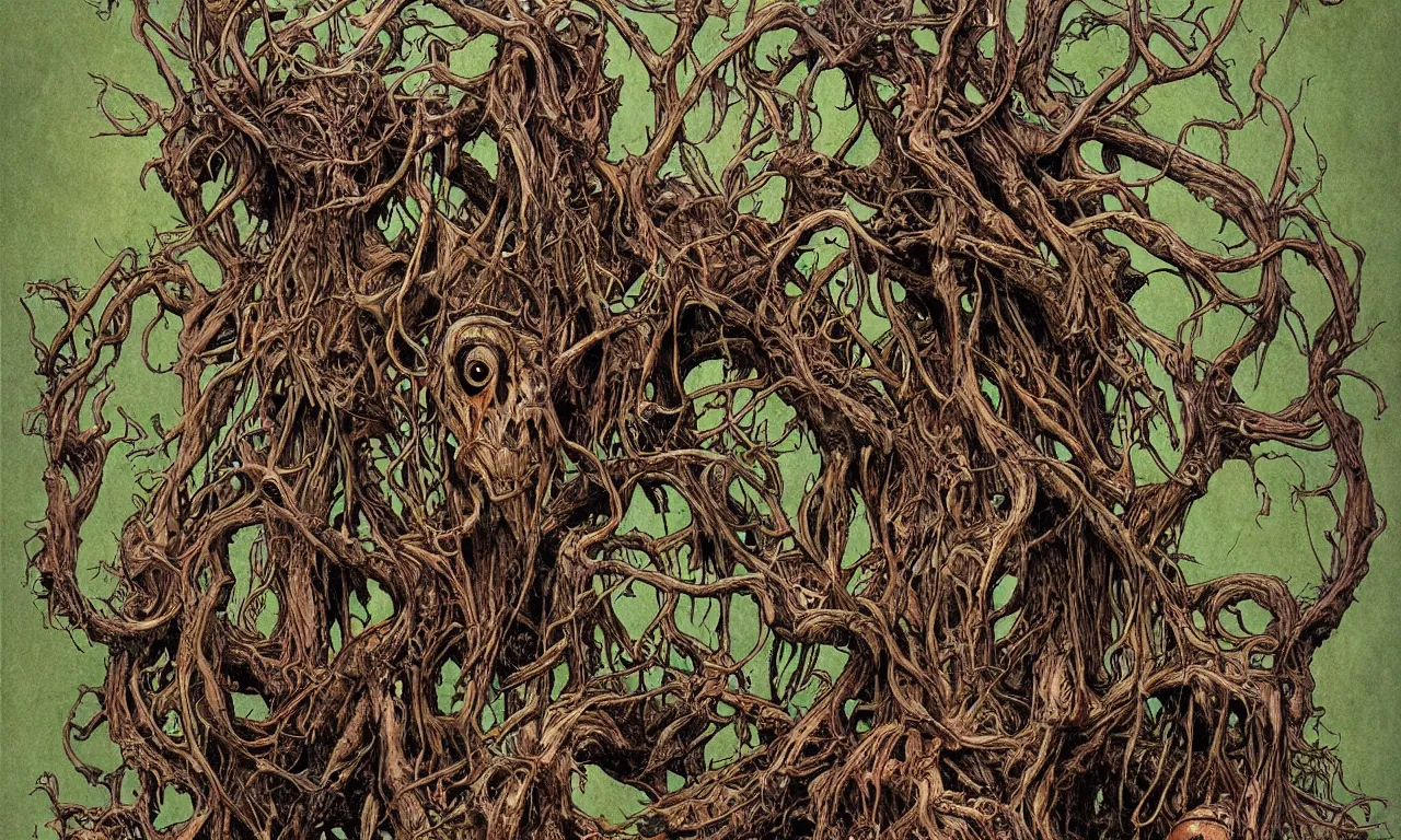 Image similar to hyperdetailed art nouveau portrait of treebeard and old groot as a cthulhu eyeball moose skull wendigo swamp thing creatures, by michael kaluta, pushead and bill sienkiewicz, photorealism, claws, skeleton, antlers, fangs, forest, wild, bizarre, scary, lynn varley, lovern kindzierski, steve oliff