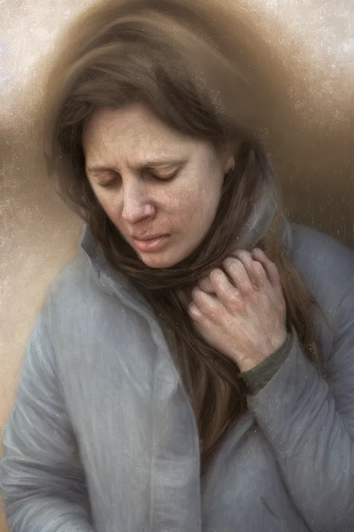 Image similar to sobbing pregnant woman under street light, jeans and sweater, winter, by Alyssa Monks, Bouguereau