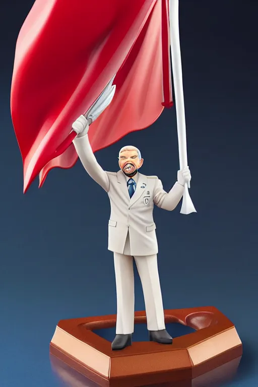 Image similar to still high quality figurine of tall president lula waving a flag, tsurime eyes, tareme eyes, personification, dynamic pose, detailed product photo, featured on amiami, tone mapped, beautiful composition, 8 5 mm, f. 1 4