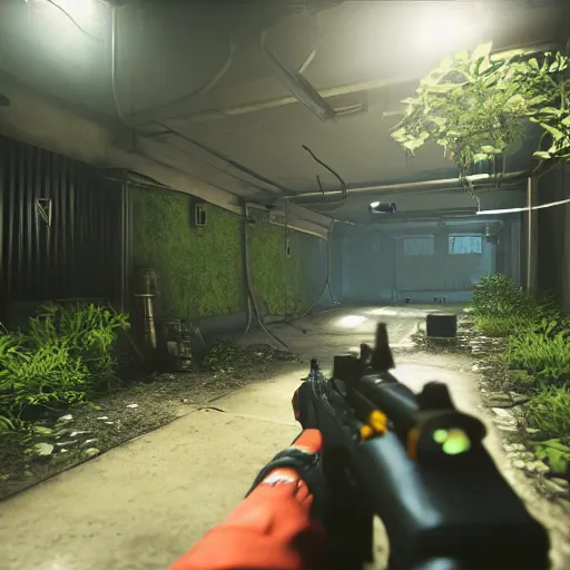 Image similar to screenshot of a first person shooter game on unreal engine 5, in an underground garden, shootout, photorealistic, player fighting against hazmat soldiers