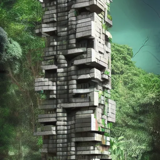 Prompt: A brutalist tower in the middle of a tropical jungle, by Brick Visual, by Luxigon, trending on Artstation