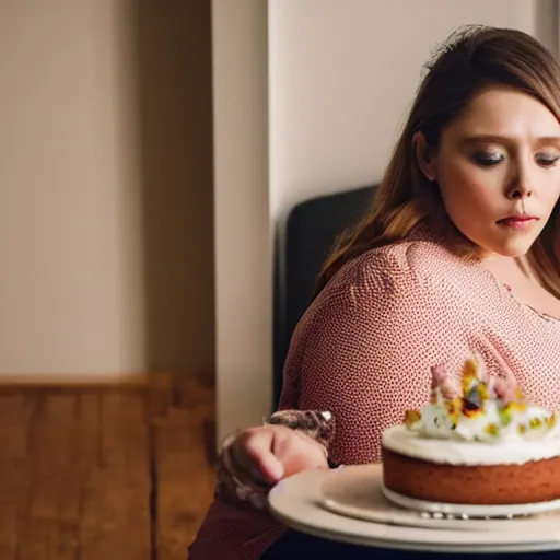 Prompt: Obese Elizabeth Olsen eating cake, XF IQ4, 150MP, 50mm, F1.4, ISO 200, 1/160s, natural light, Adobe Lightroom, photolab, Affinity Photo, PhotoDirector 365