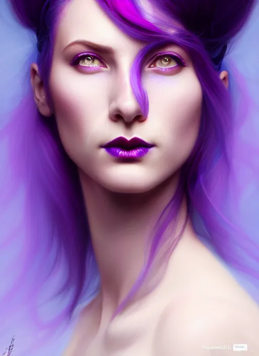 Image similar to Purple hair relistic Portrait of a two woman with bright colored flying hair, all shades of purple. Beauty face, red lips, Hair coloring, fantasy, intricate, elegant, highly detailed, digital painting, artstation, concept art, smooth, sharp focus, illustration, art by artgerm and greg rutkowski and alphonse mucha