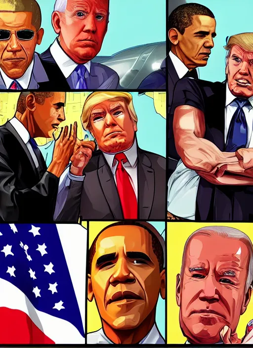 Image similar to GTA Cover Art, Obama, Biden, Trump