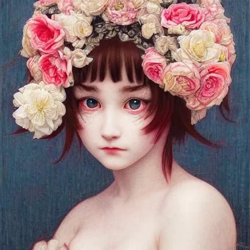 Image similar to white cat girl, botanical, rose, portrait face, colorful, frantisek kupka, intricate, miles johnston, kuroda seiki, cynical realism, ozabu, john william godward, painterly, yoshitaka amano, moebius, miles johnston, louise zhang, james jean, mark ryden lowbrow pop surrealism art style