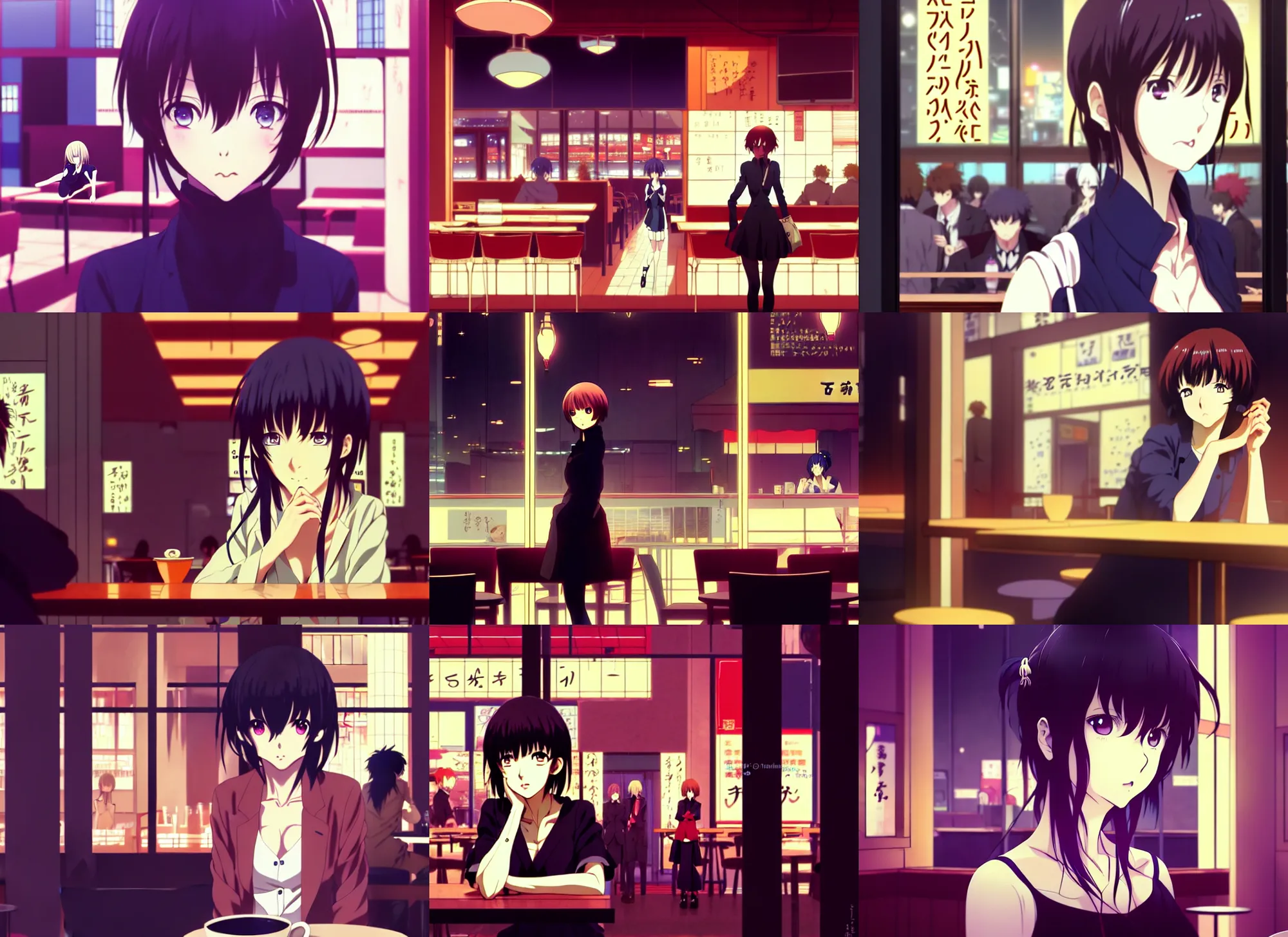 Prompt: anime frames, anime visual, portrait of a young woman visiting a busy cafe interior at night, beautiful face by ilya kuvshinov and, kyoani, psycho pass, gits anime, dynamic pose, dynamic perspective, strong silhouette, anime cels, rounded eyes, cheerful, yoshinari yoh