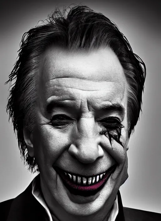 Image similar to photo of Alan Rickman as the Joker by Lee Jeffries and Eolo Perfido, grotesque smile, detailed, award winning, Sony a7R