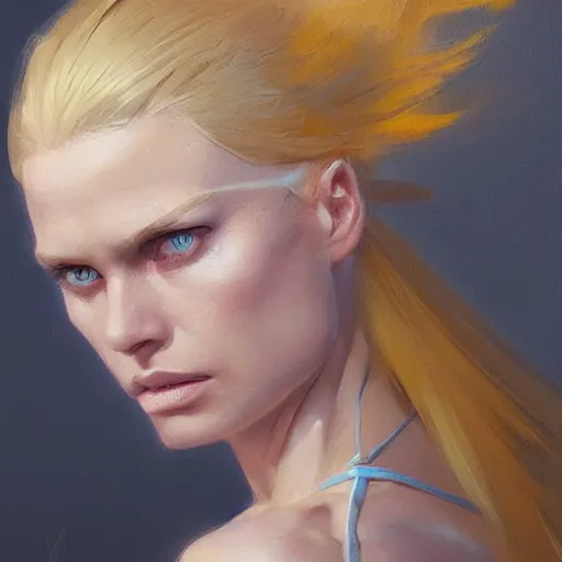 Prompt: A head-on detailed oil portrait of a beautiful woman with pale blue eyes and long yellow hair by greg rutkowski and artgerm, trending on artstation