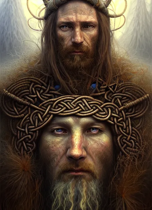 Image similar to closeup portrait shot of a celtic shaman in a scenic dystopian environment, intricate, elegant, highly detailed, centered, digital painting, artstation, concept art, smooth, sharp focus, illustration, artgerm, tomasz alen kopera, peter mohrbacher, donato giancola, joseph christian leyendecker, wlop, boris vallejo