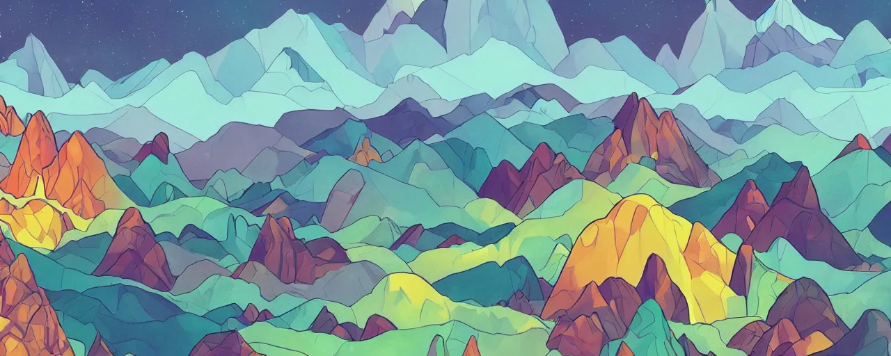 Prompt: An alien landscape with mountains made of gems, and strangely shaped trees and plants, bold complementary colours, 2D matte, graphic novel, graphic novel,