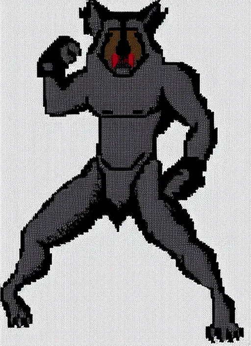 Image similar to full body shot. antropomorphic muscular masculine furr wolf. kickboxer, in sport pants. wolf head. grey furr on body. 8 bit nes graphics, sharp, pixelate