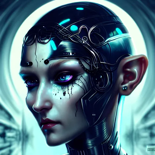 Image similar to cyberpunk robotic dark elvish queen, diadem on the head, black tears, extremely detailed, hyperrealistic, intricate, soft light, fantasy, digital painting, art station, perfect faces, fine details, by wlop