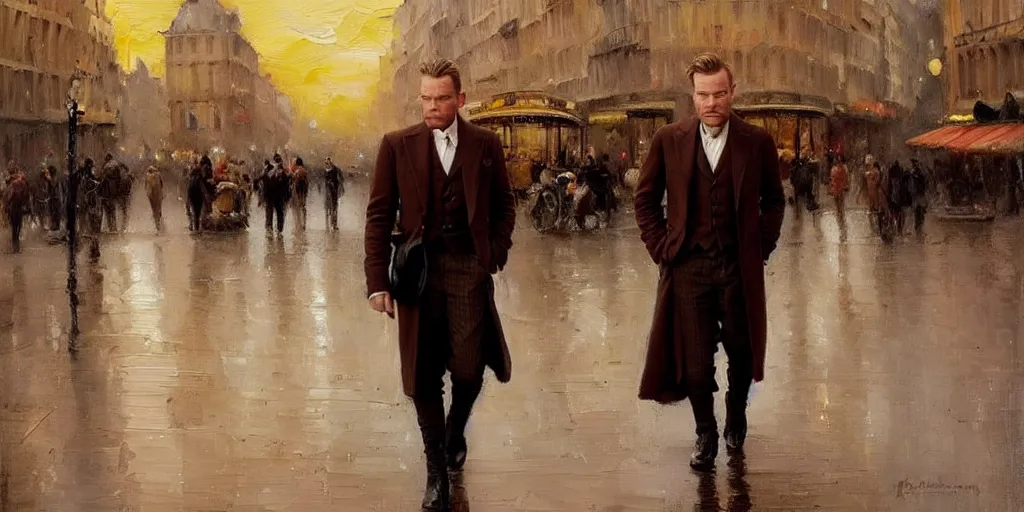 Prompt: we see ewan mcgregor from side. he is dressed as a gentleman at early 2 0 th century paris. atmospheric feeling, warm colours, brown colours, yellow colours, epic scene, cinematic, very detailed, oil painting