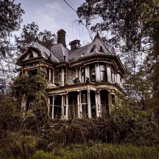 Image similar to abandoned victorian mansion, cobwebs, haunted, nestled into a clearing in a forest, light shining through the foliage