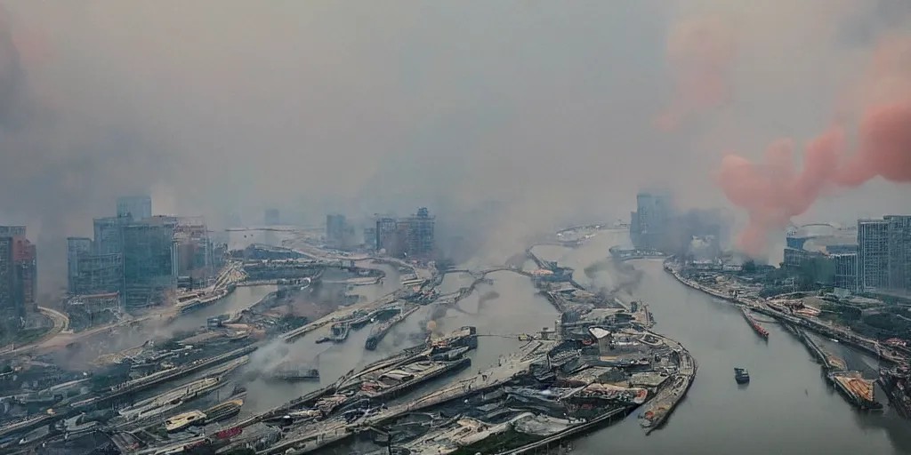 Image similar to extremely beautiful day time photograph of smoke clouds in the style of cai guo - qiang, muted soft colors, chinese paintings, colored smoke clouds, river and city, the sky is gray, landscape, chinese artist cai guo qiang, explosion, explosive, art, fine art, hd, very very beautiful