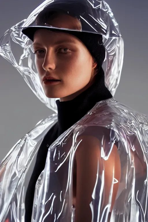 Image similar to an ultra high definition professional high fashion portrait studio full length photograph of a model wearing a transparent pearlescent raincoat and neon visor in an icelandic black rock environment at dawn. no artefacts. extremely detailed. stark. refraction. shallow depth of field. volumetric light and shadow. ray tracing. light rays.