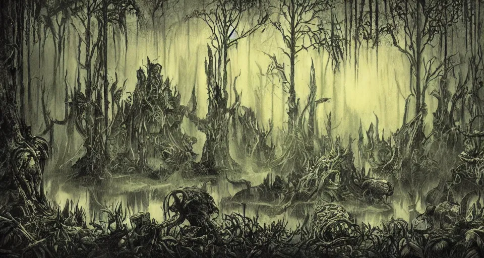 Prompt: A dense and dark enchanted forest with a swamp, by ED roth