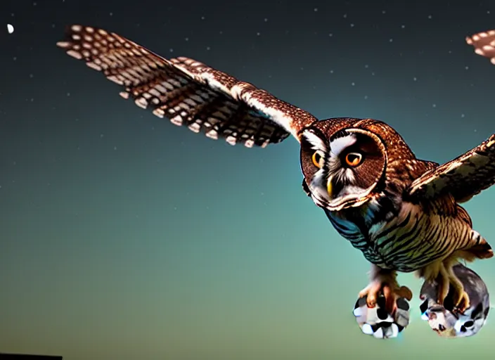 Prompt: an extremely detailed masterpiece photorealistic of a western screech - owl in flight moon in background, in the style of, brian bolland, digital art, unreal engine, volumetric lighting, dark moody lighting, trending on artstation, photorealistic, epic scene