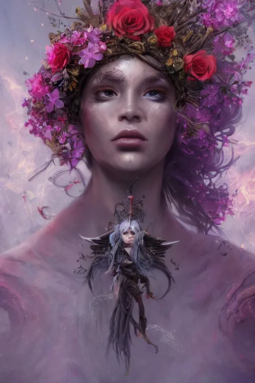 Image similar to face closeup of beautiful girl necromancer, witch - doctor exploding into flowers, angels, 3 d render, hyper - realistic detailed portrait, holding fire and electricity, forest, wings, roses, leaves and magic, ruan jia, wlop. scifi, fantasy, magic the gathering, hyper detailed, octane render, concept art, peter mohrbacher