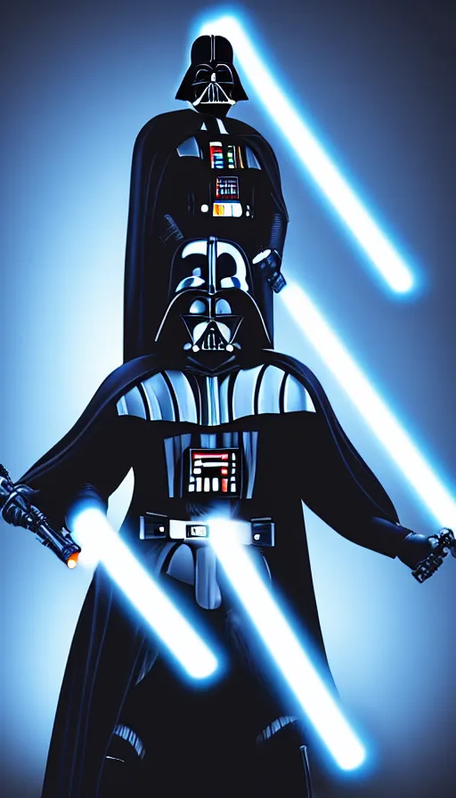 Image similar to A blue colored Darth Vader suit holding a blue lightsaber, 4k, dark background, 3d, full body image,