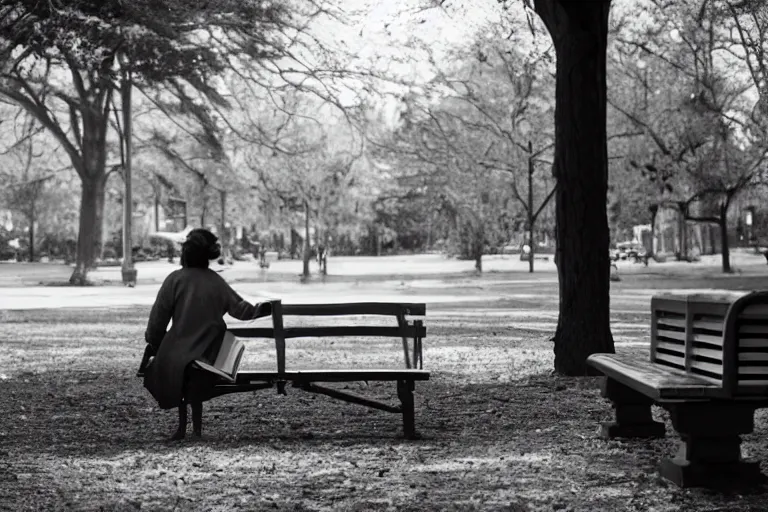 Prompt: Flim still of a woman reading a book, sitting on a bench, long shot, wide shot, full shot