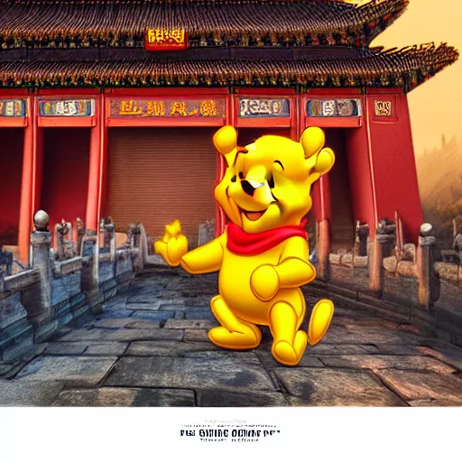 Image similar to winnie the pooh explores the forbidden city in china, award winning photgraphy, extremely detailed artstation 8 k sensual lighting epic composition