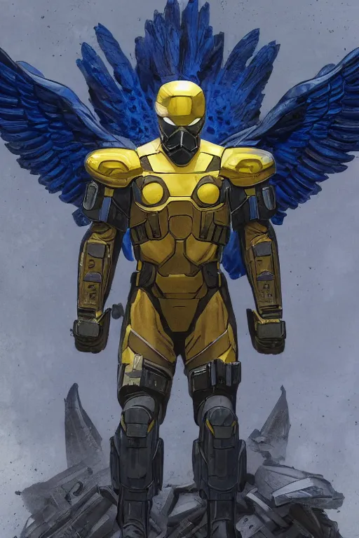 Prompt: A front view shot of a super soldier with a Ukrainian blue and yellow uniform with angel wings that is standing on a pile of skulls in triumph, Call of Duty, marvel comics, dark, rays of light, intricate, highly detailed, smooth, artstation, digital illustration by Ruan Jia and Mandy Jurgens and Artgerm and Wayne Barlowe and Greg Rutkowski and Frank Frazetta