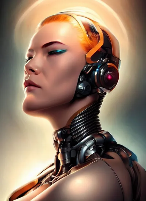 Image similar to portrait of a cyborg woman who turns her head to the ((((((((((right)))))))))) (((((left))))) by Artgerm,eyes closed , biomechanical, hyper detailled, trending on artstation