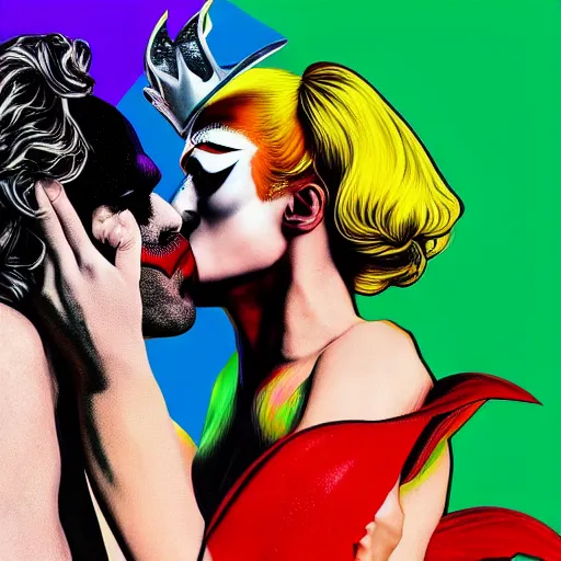 Image similar to richard hamilton and mimmo rottela as lady gaga harley queen and joaquin phoenix joker kissing, pop art, medium long shot, 2 color, justify content center, object details, dynamic composition, 4 k, ultra realistic art, smooth, sharp focus, illustration, concept art, intricate details, h 7 6 8