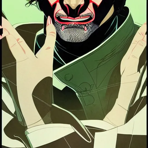 Image similar to Joshua Middleton comic art, wide shot, handsome elegant male Mads Mikkelson, spy, kabuki mask, beautiful evil sneer, symmetrical face, symmetrical eyes, leather clothing and boots, long straight green black hair, full body, Indigo occult pattern