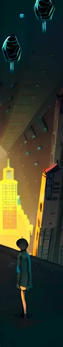 Image similar to girl staring at a meteorite hitting a floating cyberpunk city at night by wlop, low poly art, ultra detailed color art, high detail, digital art