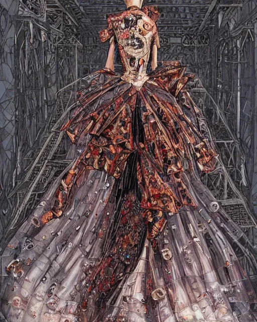 Image similar to fashion model walking down a catwalk, elaborate dress by alexander mcqueen, art by michael whelan and chris moore and howard david johnson and tim white and dan giancola