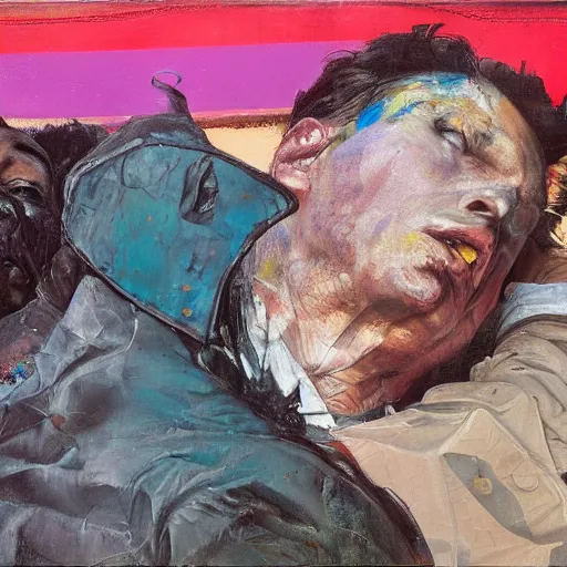 Image similar to high quality high detail painting of two men in agony in the city streets of london by lucian freud and jenny saville and francis bacon and norman rockwell and malcom liepke and nicola samori, hd, turquoise and purple and orange and pink, dark atmosphere