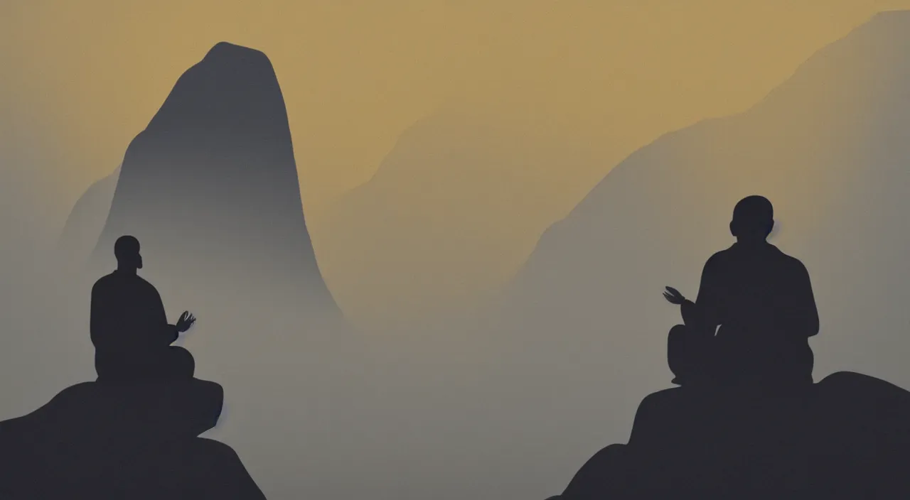 Image similar to anderson debernardi painted style a one silhouette of a meditating monk sitting in the fog on a stone protruding from the water in the rays of the morning sun