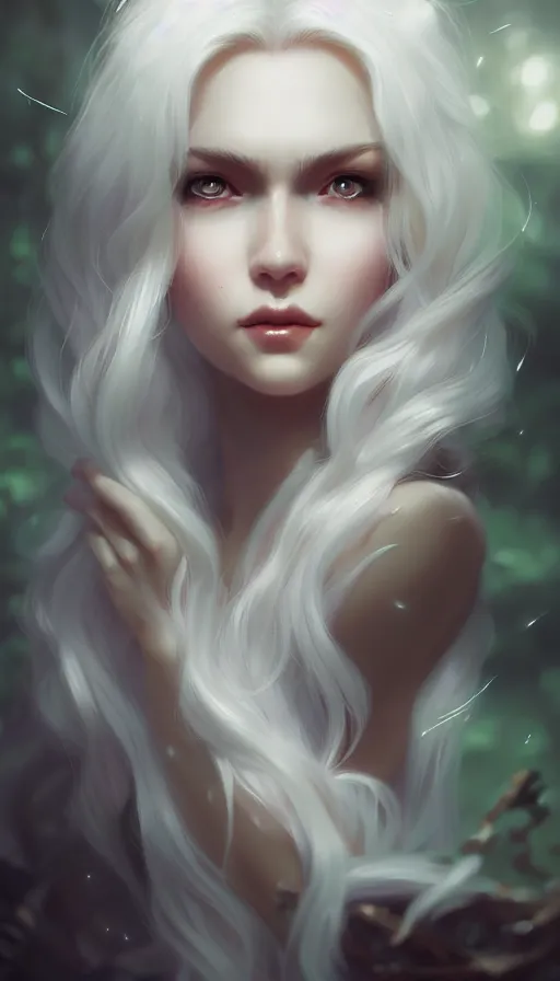 Prompt: portrait of a beautiful girl, flowy white hair, cinematic lighting, highly detailed, dark forest, digital painting, trending on artstation, pixiv, concept art, sharp focus, illustration, art by ross tran and wlop