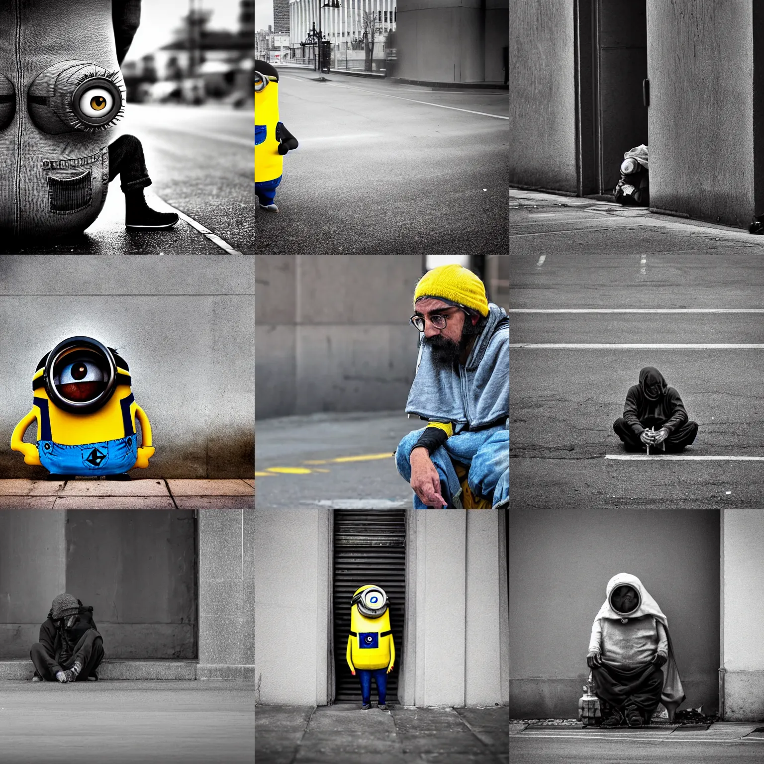 Prompt: extreme long shot of a homeless minion, award winning photo, high detail, atmospheric, 8k