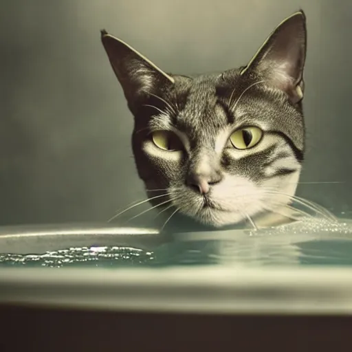 Image similar to photographic portrait by Annie Leibovitz of a cat in a hot tub, closeup, foggy, sepia, moody, dream-like, sigma 85mm f/1.4, 15mm, 35mm, 4k, high resolution, 4k, 8k, hd, full color