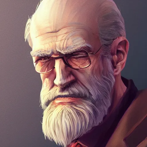 Image similar to a painted portrait of a tall old man in a golden suit, D&D, sci-fi, elegant, hopeful, muscular, highly detailed, digital painting, artstation, concept art, smooth, sharp focus, illustration