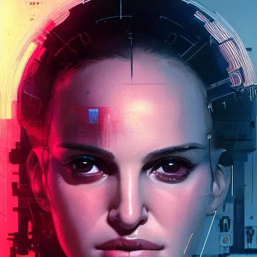 Image similar to closeup portrait of a young natalie portman as a cyberpunk mercenary, neuromancer, dramatic light, gorgeous view, depth, high detail, digital art, painted by greg rutkowski and seb mckinnon, by tim burton, trending on artstation