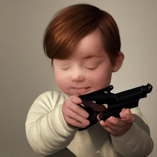 Prompt: photograph of an infant holding a revolver, 4k, 8k, photorealistic, artstation, high quality