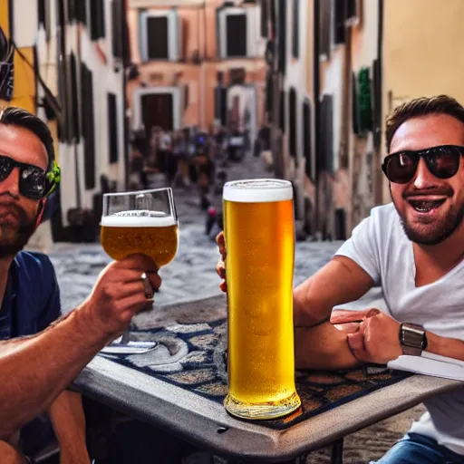 Prompt: The boys on vacation in Italy and toasting with some Italian beer, 4K HD, photography, realistic